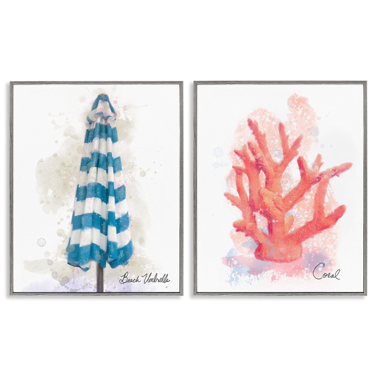Stupell Industries Beach Umbrella & Coral Branch 2pc Framed Giclee Set, design by Matthew Piotrowicz